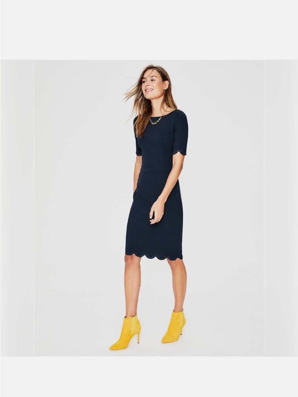 Boden Emma Eyelet Hem Short Sleeve Scalloped Stretch Ponte Sheath Dress
